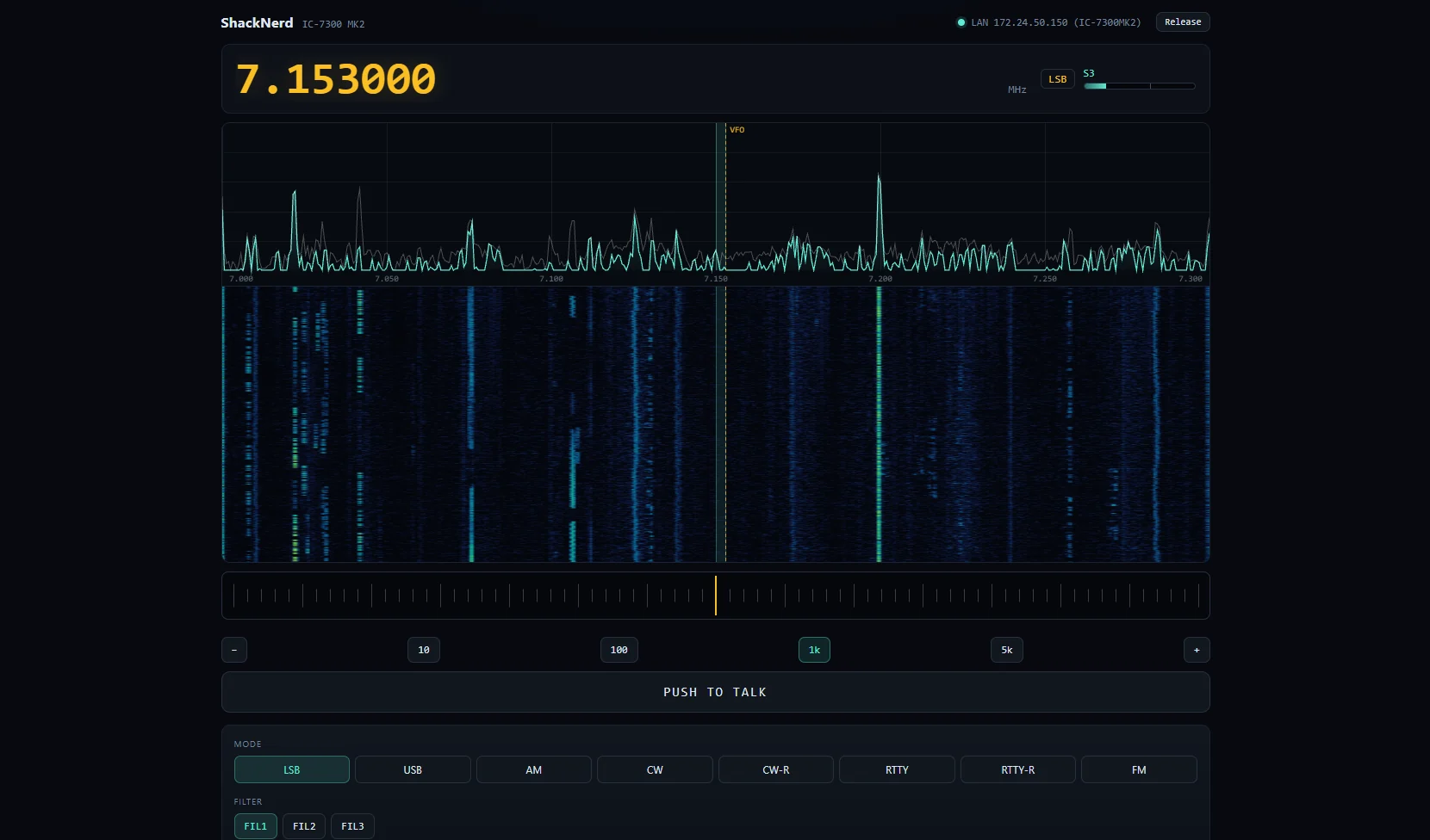 The ShackNerd operating screen: amber frequency readout at 7.153 MHz LSB, live spectrum and waterfall of the 40 meter band, tuning dial, step buttons and a push to talk key
